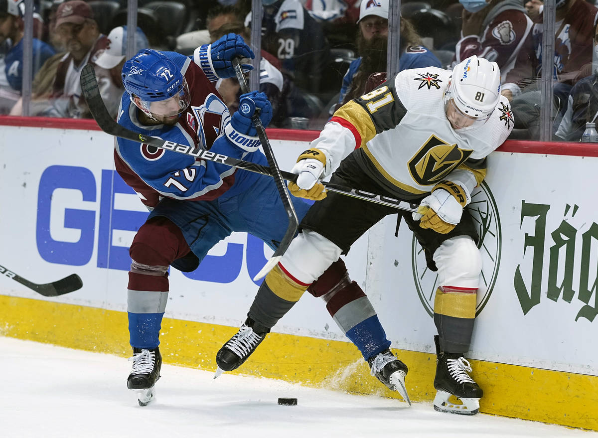 Colorado Avalanche right wing Joonas Donskoi (72) and Vegas Golden Knights center Jonathan Marc ...
