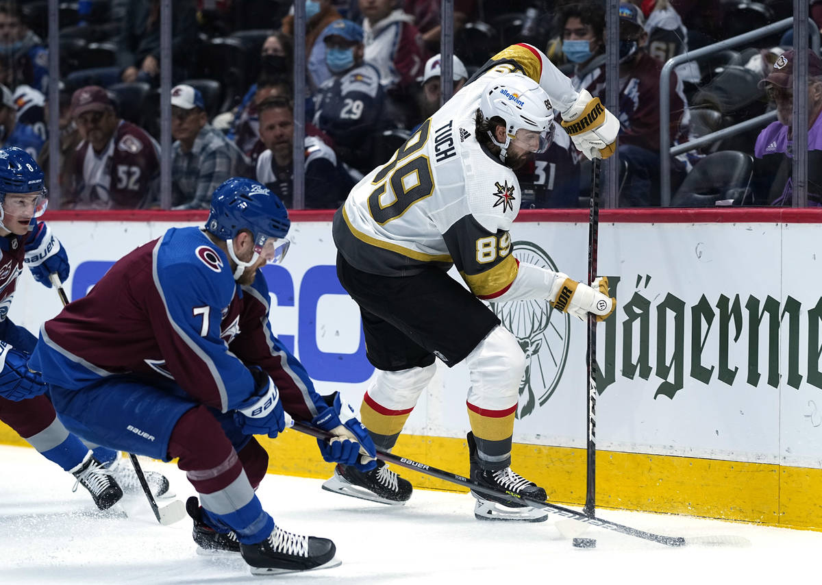 Vegas Golden Knights right wing Alex Tuch (89) skates against Colorado Avalanche defenseman Dev ...