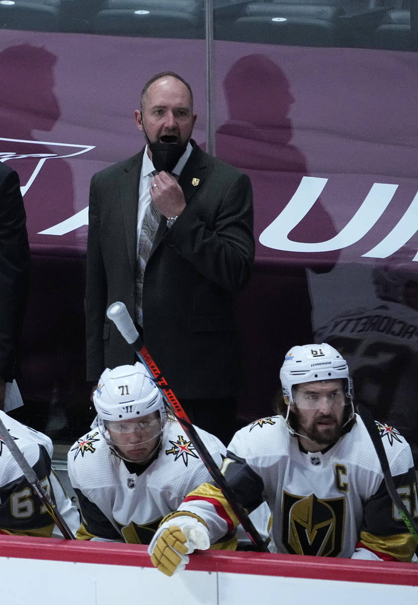 Vegas Golden Knights head coach Peter DeBoer looks on against the Colorado Avalanche in the thi ...