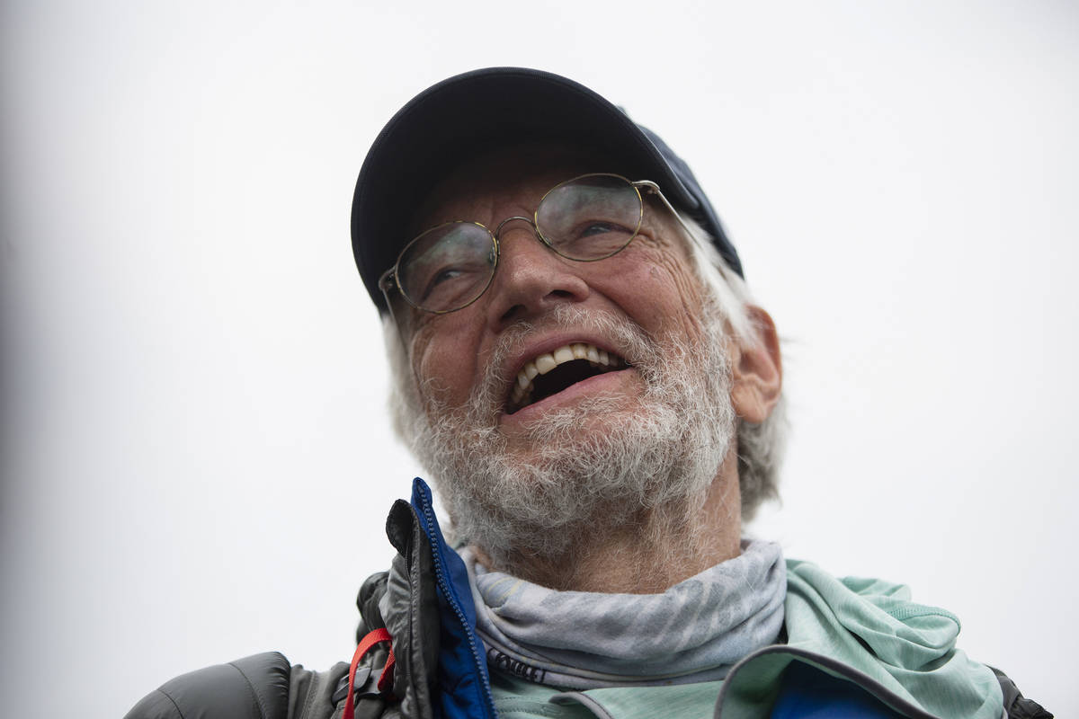 American climber Arthur Muir, 75, gestures as he arrives in Kathmandu, Nepal, Sunday, May 30, 2 ...