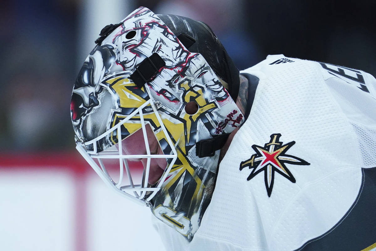 Vegas Golden Knights goaltender Robin Lehner (90) hangs his head after giving up a gaol against ...