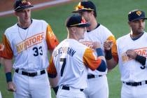 Las Vegas Aviators outfielder Greg Deichmann (7) is announced before the start of a Triple-A ba ...