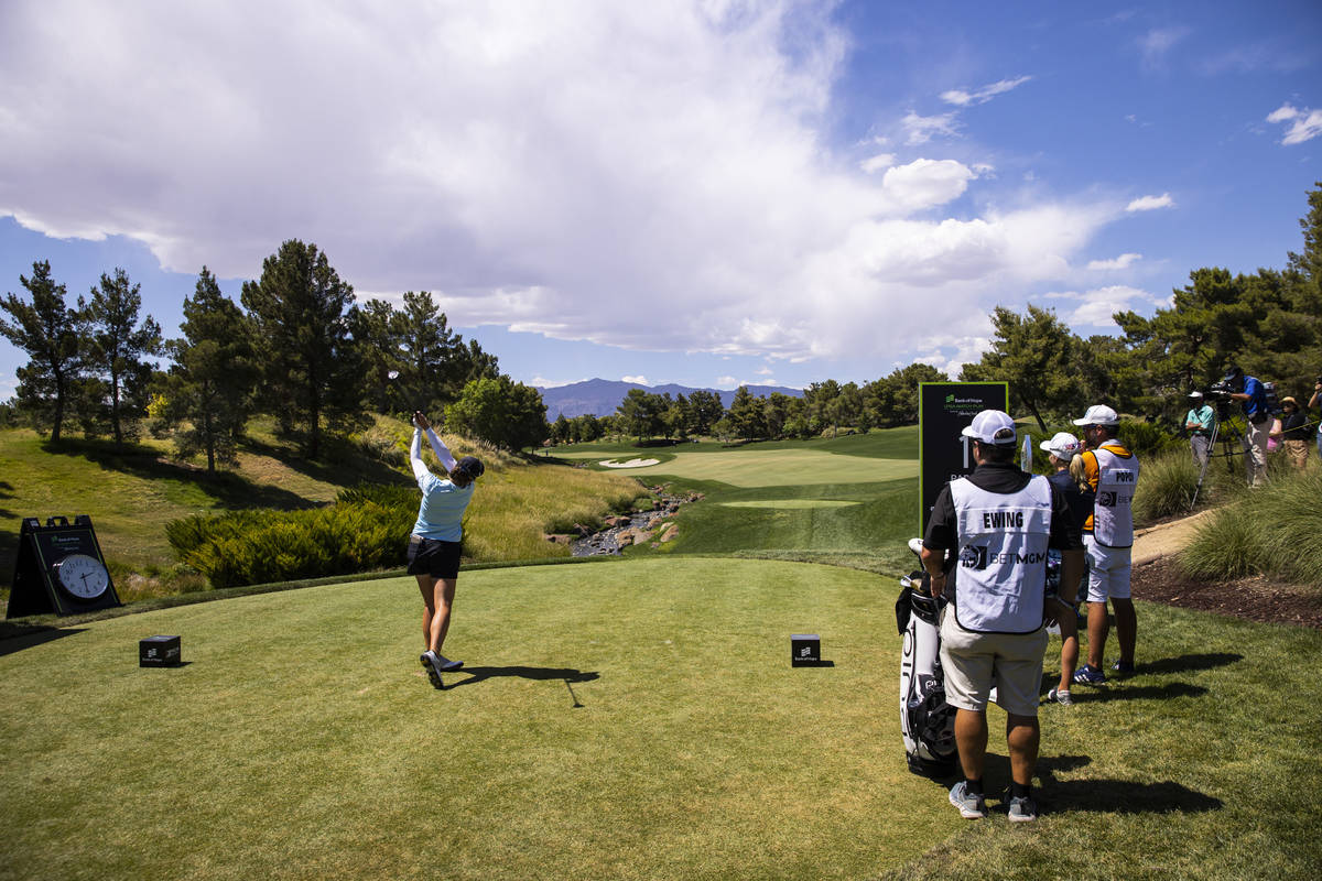 Ally Ewing tees off at the first hole in the championship round of the Bank of Hope LPGA Match ...