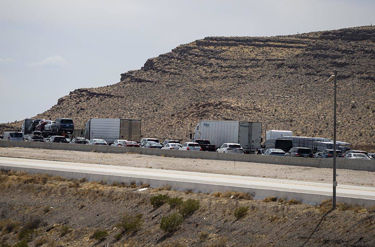Traffic is backed up as motorists travel southbound on Interstate 15, seen north of Jean, on Mo ...