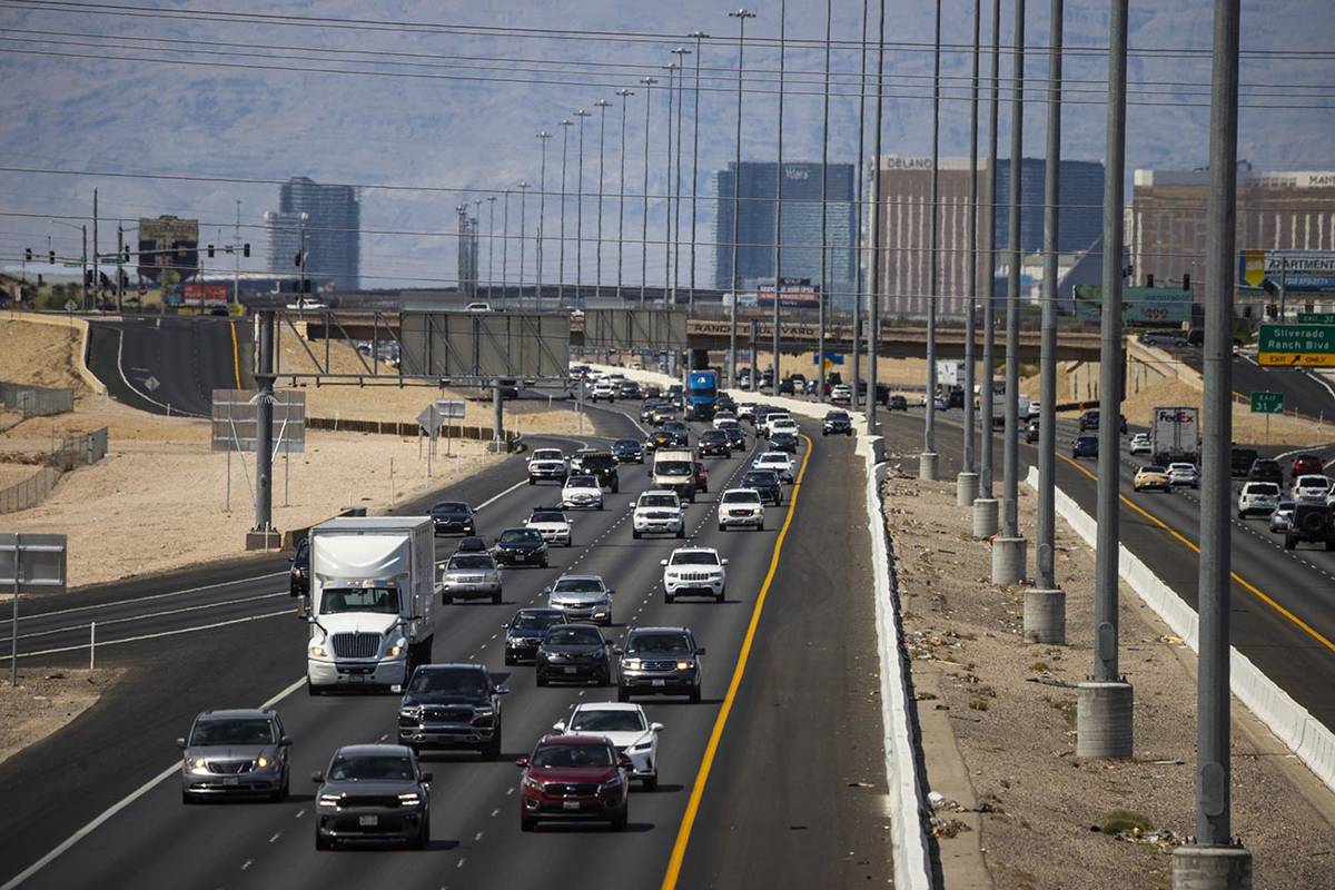 Traffic is backed up as motorists travel southbound on Interstate 15 in Las Vegas on Monday, Ma ...