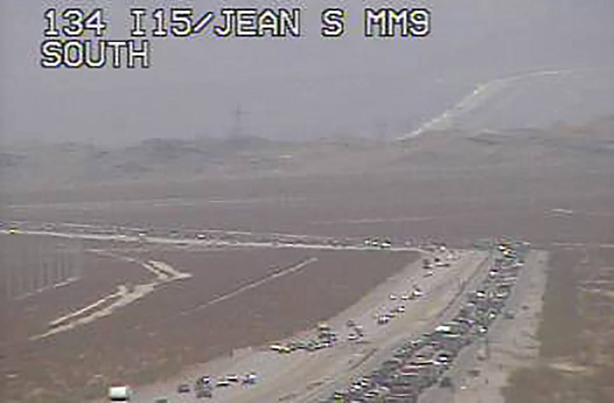 Traffic southbound on Interstate 15 was moving about 10 mph around 1 p.m. near Sloan on Monday, ...