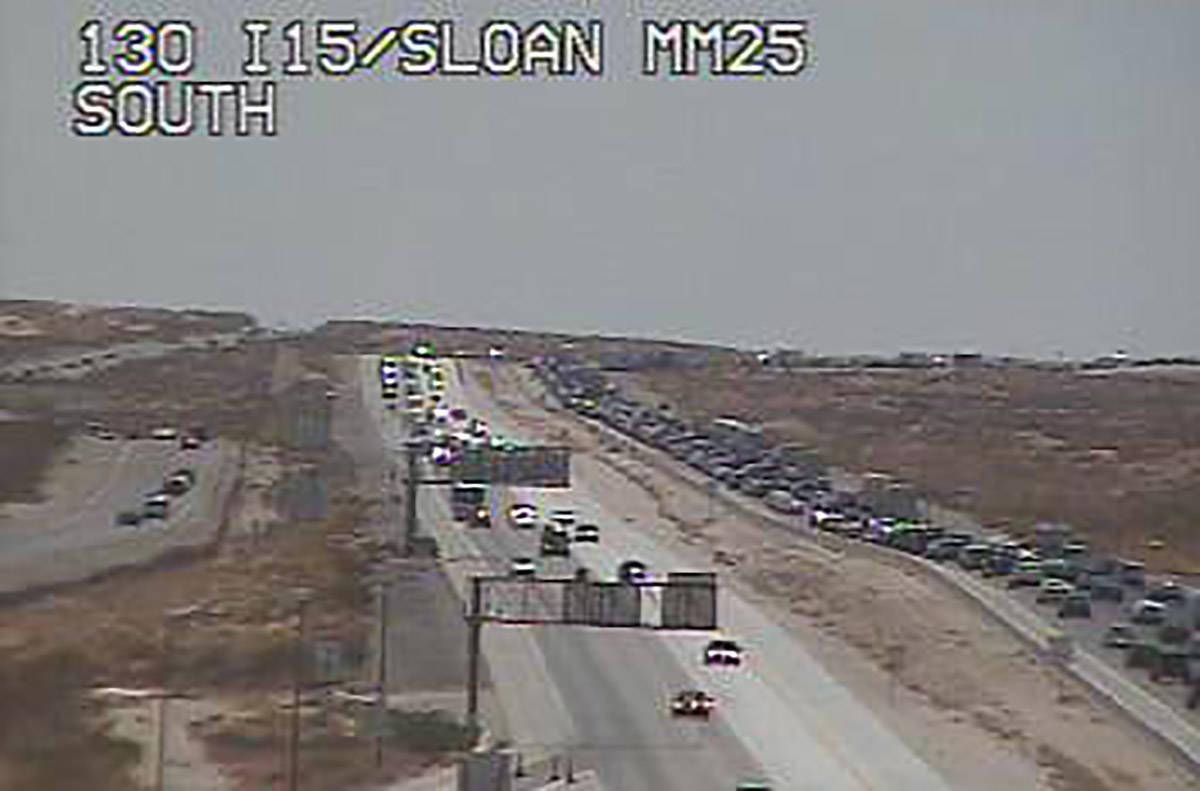 Traffic southbound on Interstate 15 was moving about 10 mph around 1 p.m. near Jean on Monday, ...