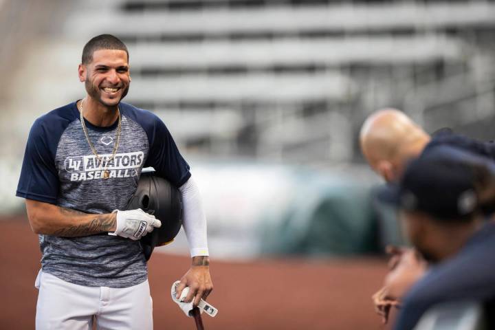 Aviators outfielder Luis Barrera, left, jokes around with teammates during practice at Las Vega ...