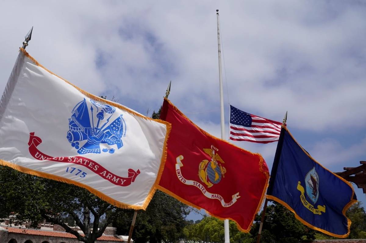 An alternate smaller American flag flies over the Los Angeles National Cemetery in Los Angeles, ...