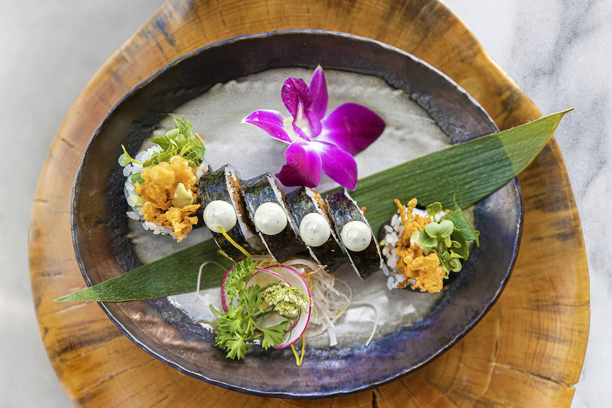 Chikyu’s plant-based Buckhorn Roll features bean curd and tempura-fried mushrooms. (Benjamin ...