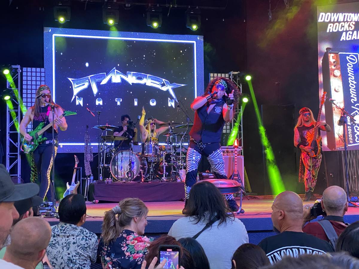 Hair-metal cover band Spandex Nation performs on the Fremont Street Experience's Main Street St ...