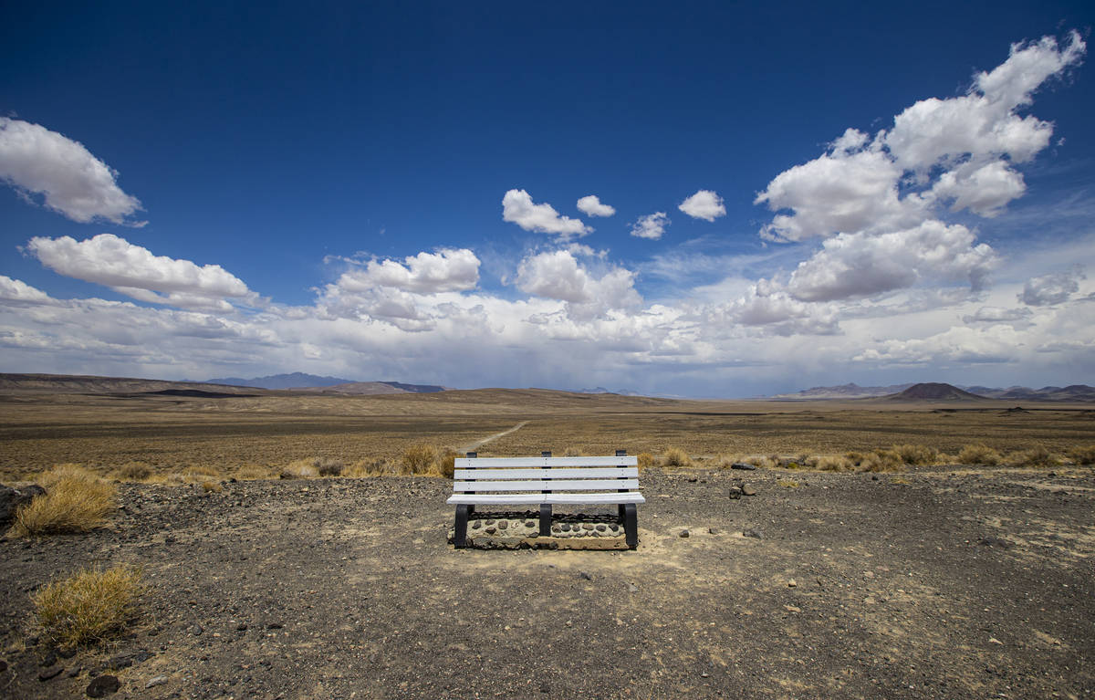 A bench at the Lunar Crater national natural landmark, located in the Pancake Range, along the ...