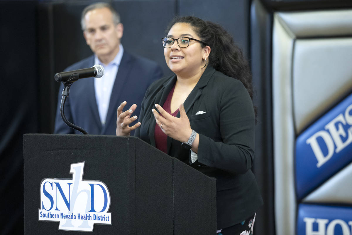 Clark County School District trustee Irene Cepeda speaks to the press before a Southern Nevada ...