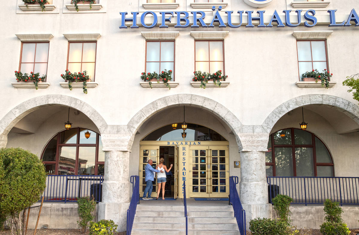 Guests walk into Hofbrauhaus Las Vegas during their grand reopening on Tuesday, June 1, 2021, i ...