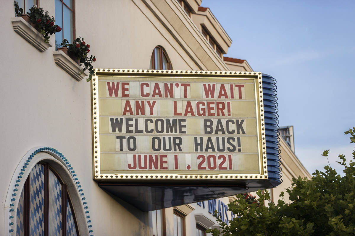 Signage for the grand reopening of Hofbrauhaus Las Vegas on Tuesday, June 1, 2021, in Las Vegas ...