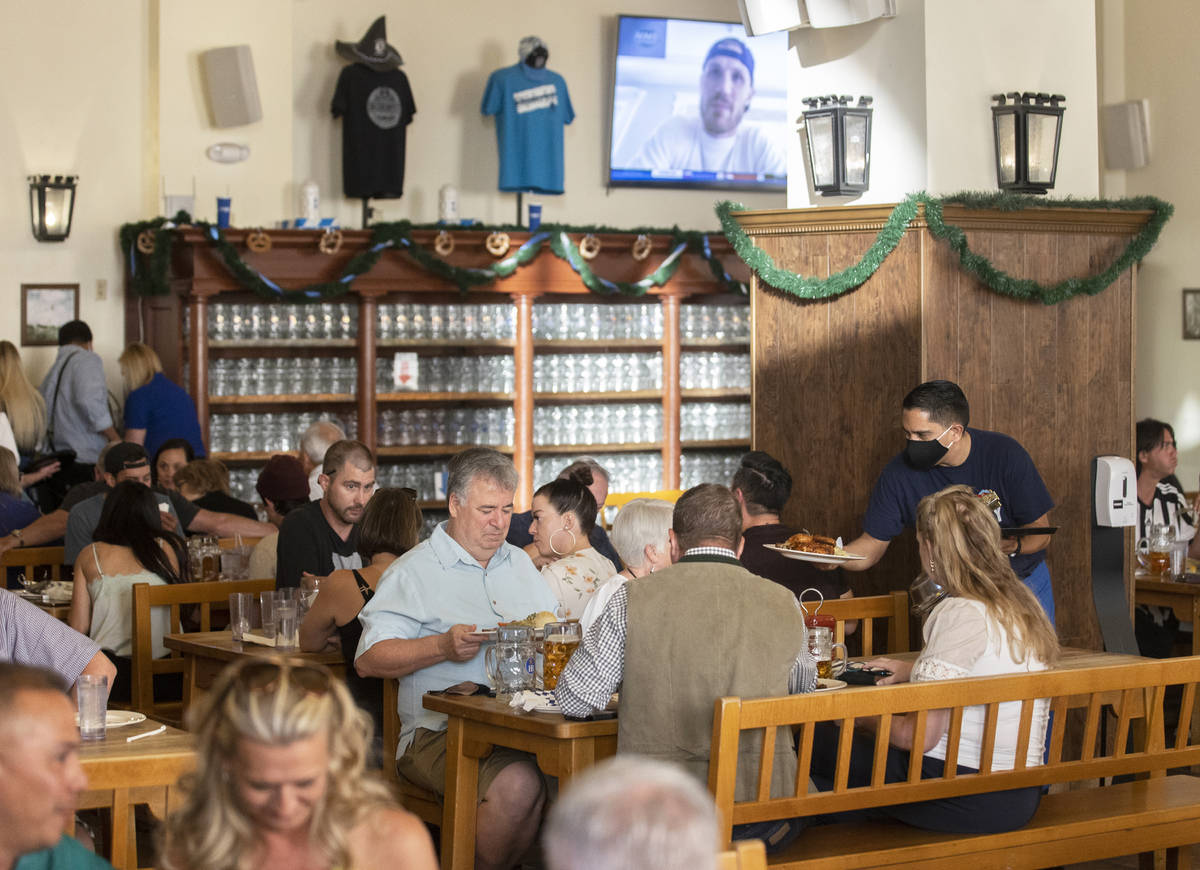 Guests enjoy dinner during the grand reopening of Hofbrauhaus Las Vegas on Tuesday, June 1, 202 ...