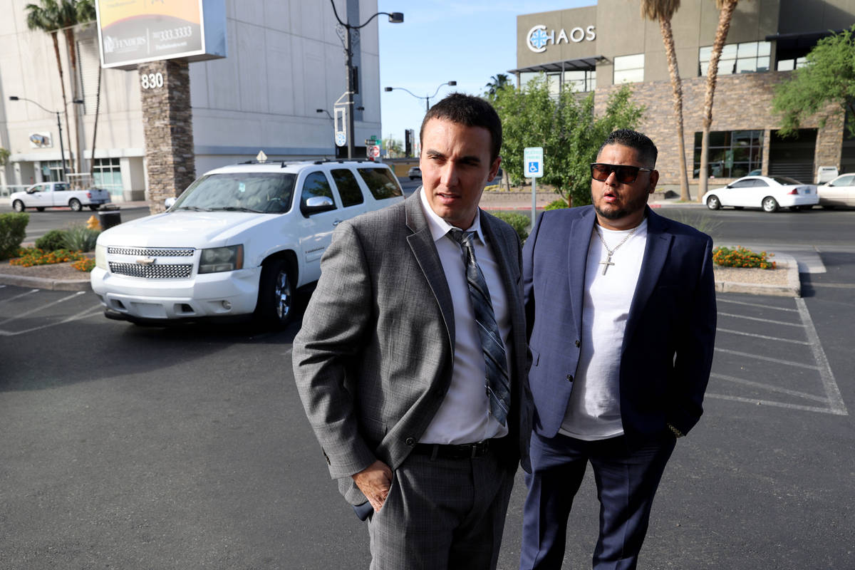 Jose Montes, who was mistakenly sought in his son's suspected killing, right, with his attorney ...