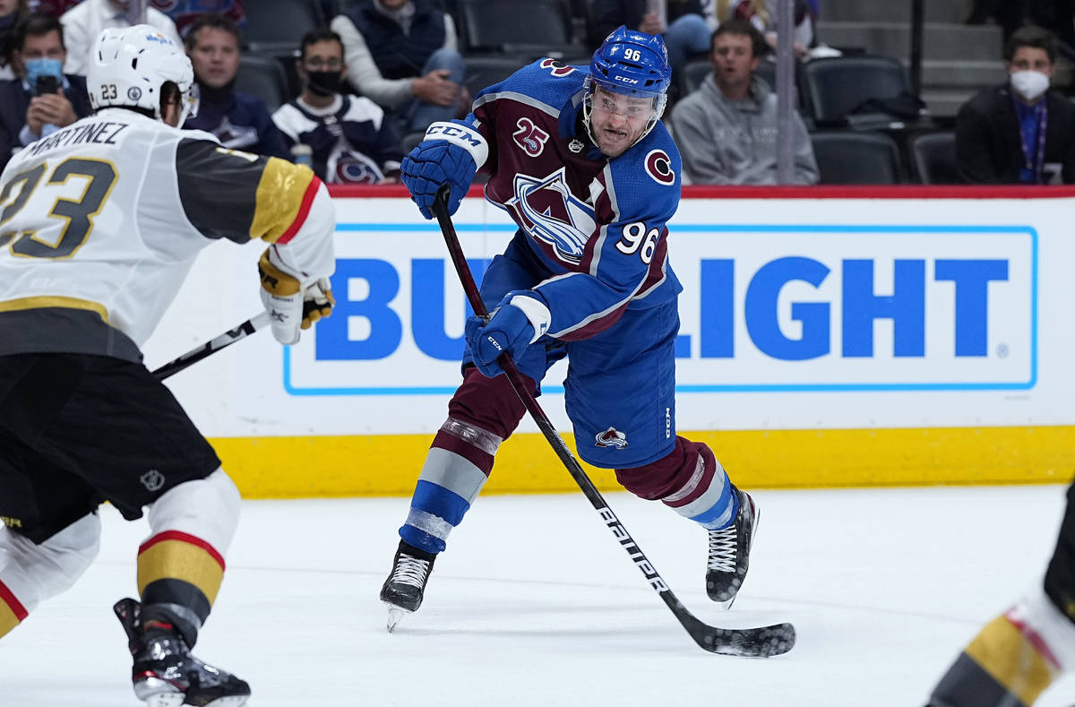 Colorado Avalanche right wing Mikko Rantanen (96) shoots against the Vegas Golden Knights durin ...