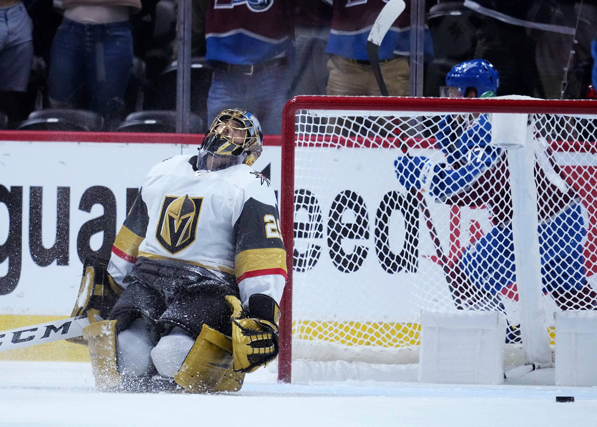 Vegas Golden Knights goaltender Marc-Andre Fleury (29) reacts to giving up a goal to the Colora ...