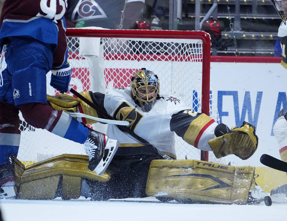 Vegas Golden Knights goaltender Marc-Andre Fleury (29) makes a save against the Colorado Avalan ...
