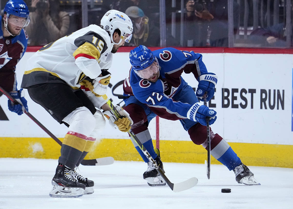 Colorado Avalanche right wing Joonas Donskoi (72) moves the puck against Vegas Golden Knights r ...