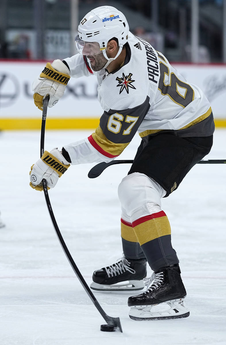 Vegas Golden Knights left wing Max Pacioretty shoots against the Colorado Avalanche during the ...