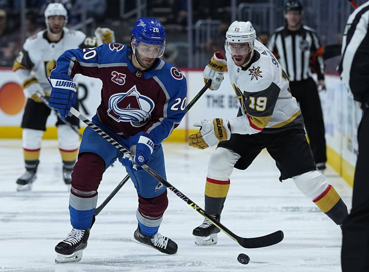 Colorado Avalanche left wing Brandon Saad (20) moves the puck against Vegas Golden Knights righ ...