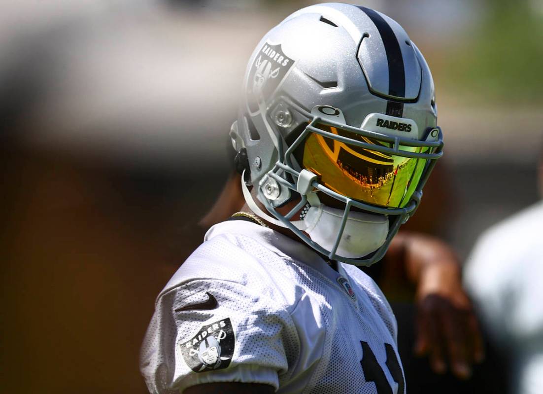 Raiders wide receiver Henry Ruggs III looks on during NFL football practice at Raiders headquar ...