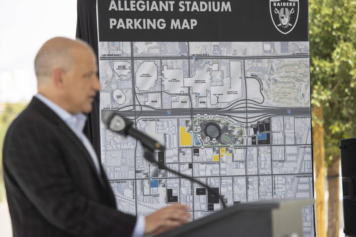 A map detailing on site parking at Allegiant Stadium is displayed during a press conference on ...
