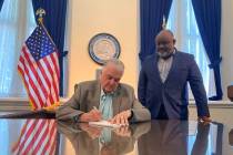 Gov. Steve Sisolak signs Assembly Bill 321, a voting reform bill that makes mail-in voting perm ...