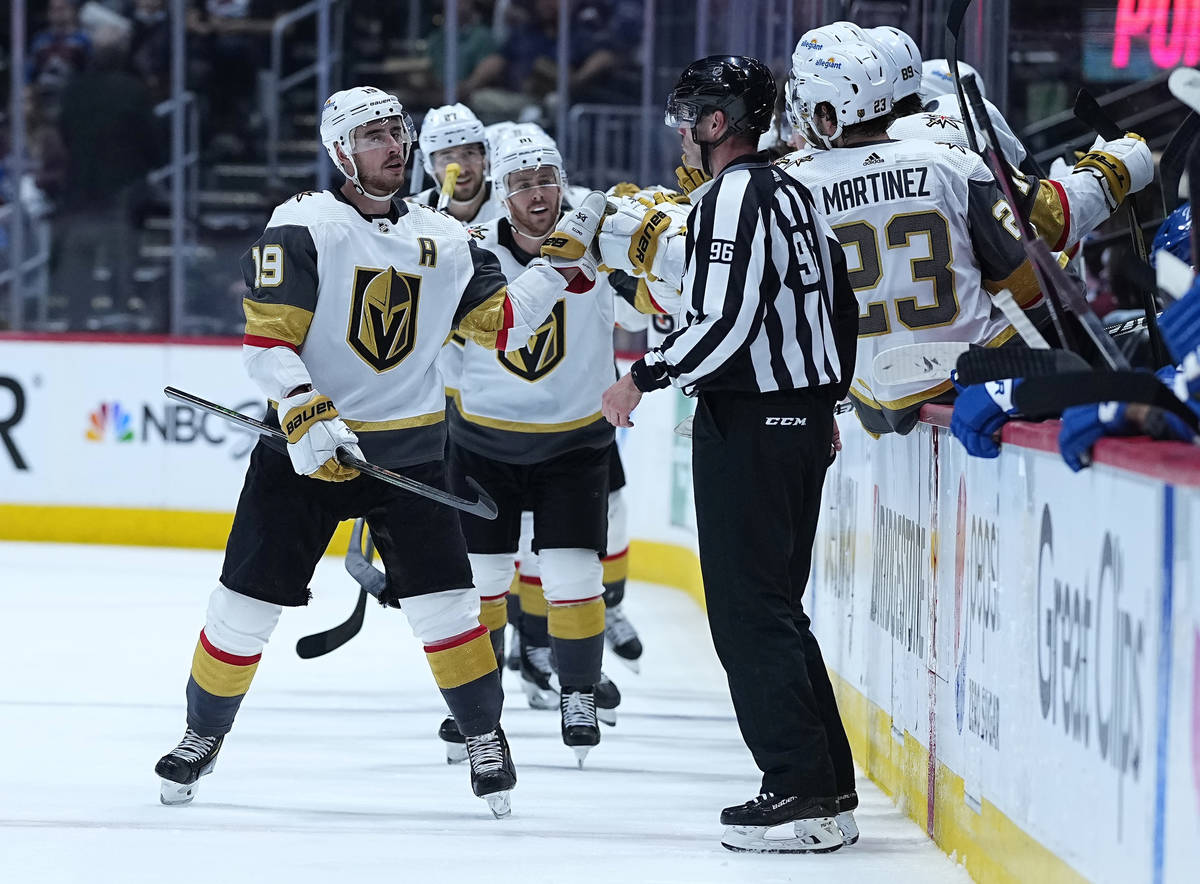 Vegas Golden Knights right wing Reilly Smith (19) celebrates a goal against the Colorado Avalan ...