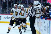 Vegas Golden Knights right wing Reilly Smith (19) celebrates a goal against the Colorado Avalan ...