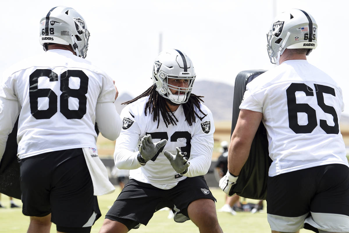 Las Vegas Raiders offensive lineman Andre James (68), tackle Devery Hamilton (73) and center Ji ...