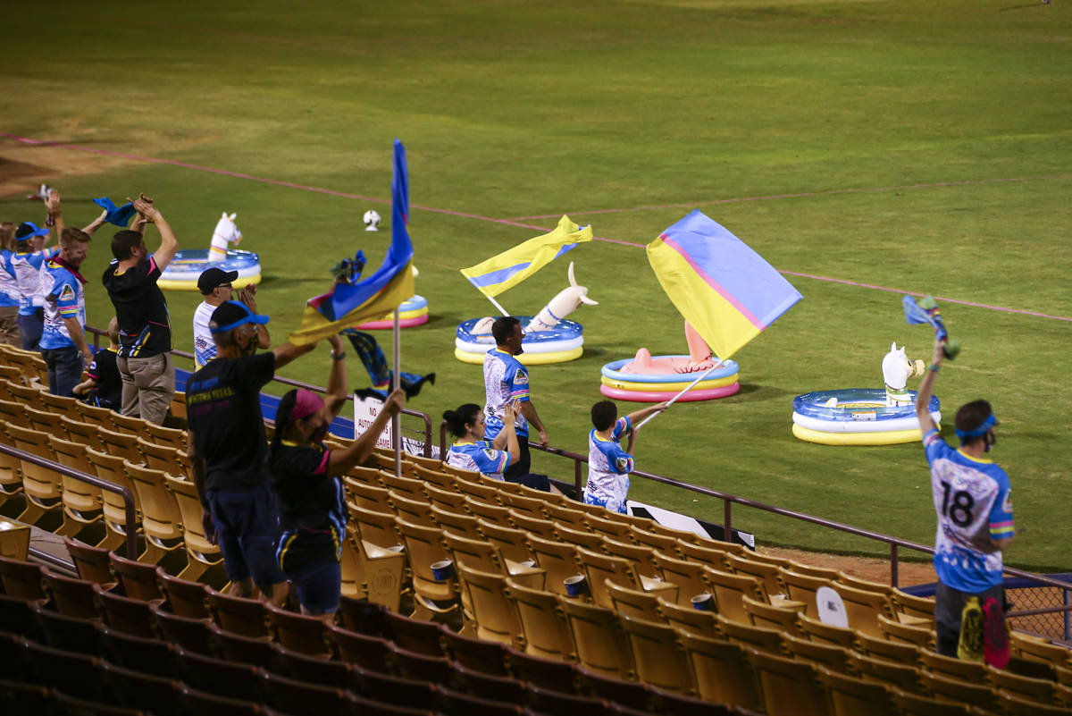 Las Vegas Lights FC fans cheer after a goal was scored during a USL Championship soccer game ag ...