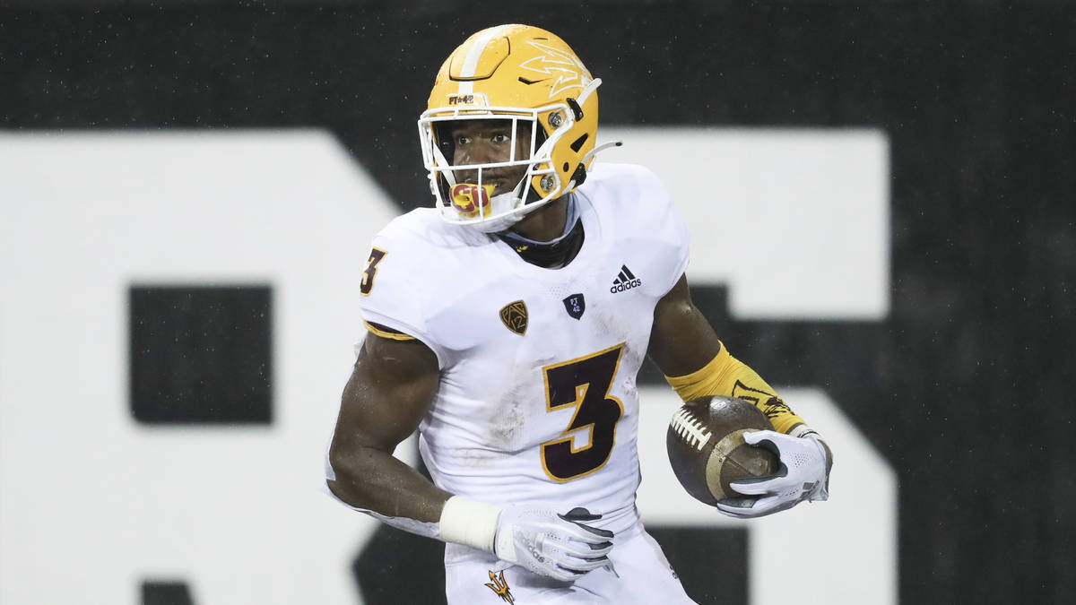 Arizona State running back Rachaad White (3) scores a touchdown during the second half of an NC ...