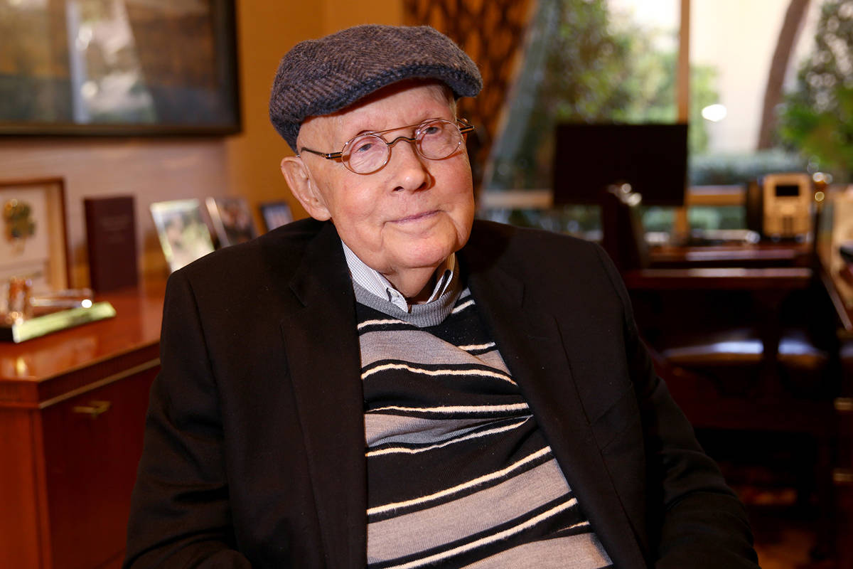 Former Nevada Sen. Harry Reid talks to a reporter in his office at the Bellagio in Las Vegas Mo ...