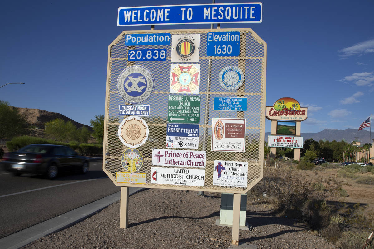 A sign welcomes traffic into Mesquite, a city in northeast Clark County, Nevada, on Wednesday, ...