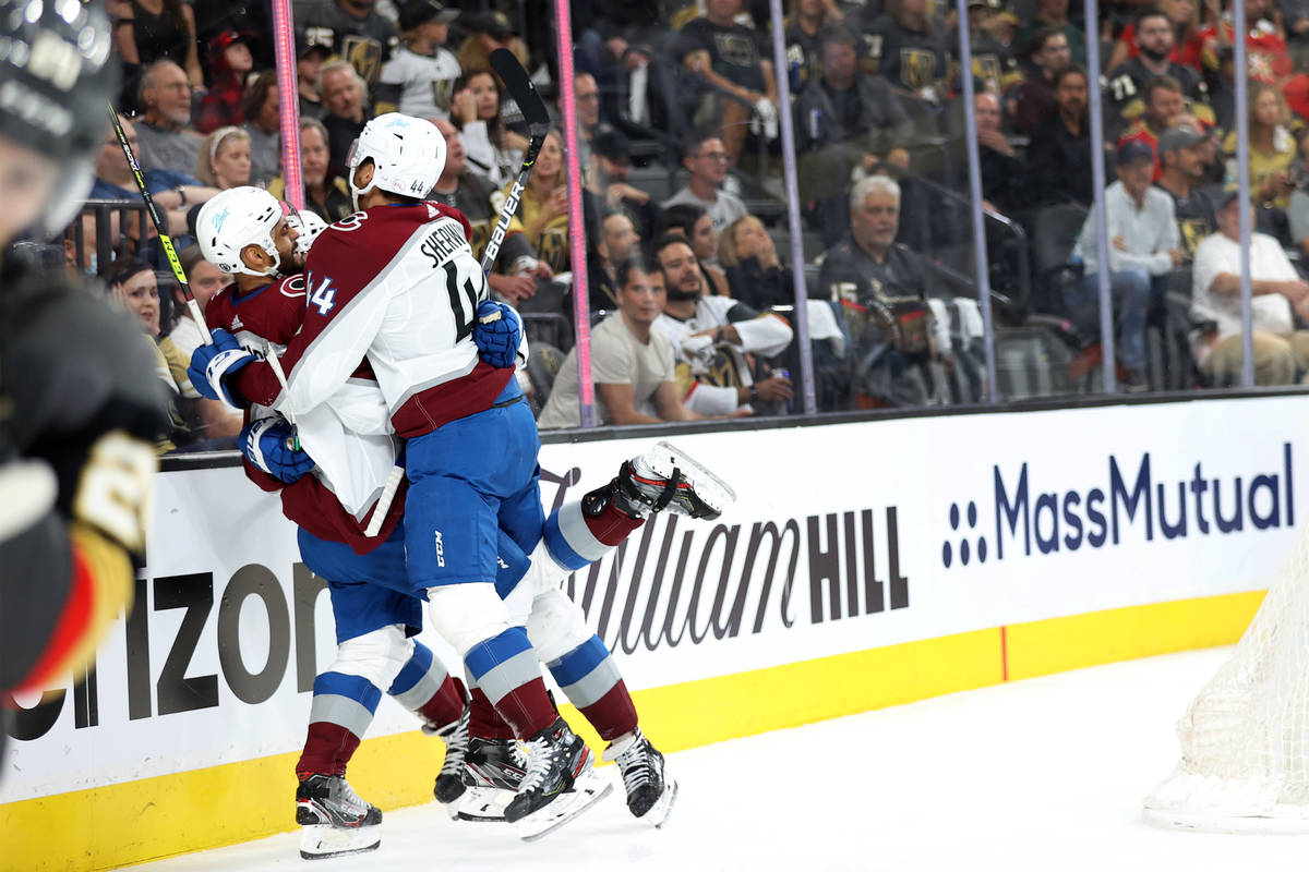 Colorado Avalanche celebrate a goal in the second period of Game 3 of a second-round NHL hockey ...
