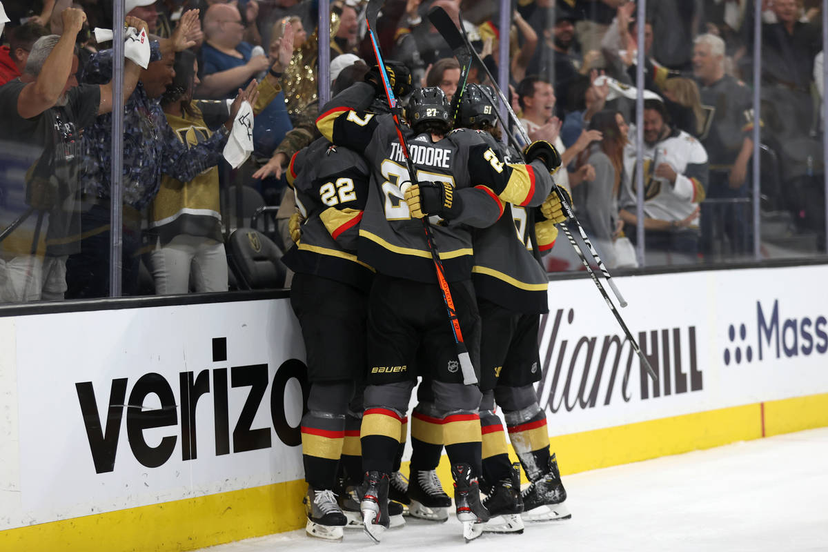 Vegas Golden Knights celebrate a score by left wing Max Pacioretty (67) in the third period of ...