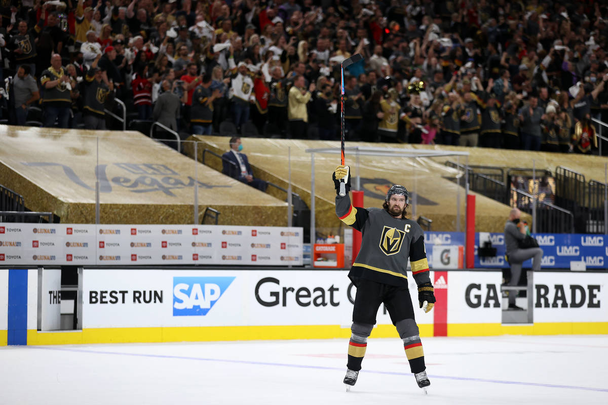 Vegas Golden Knights right wing Mark Stone (61) celebrates his team 3-2 win against the Colorad ...