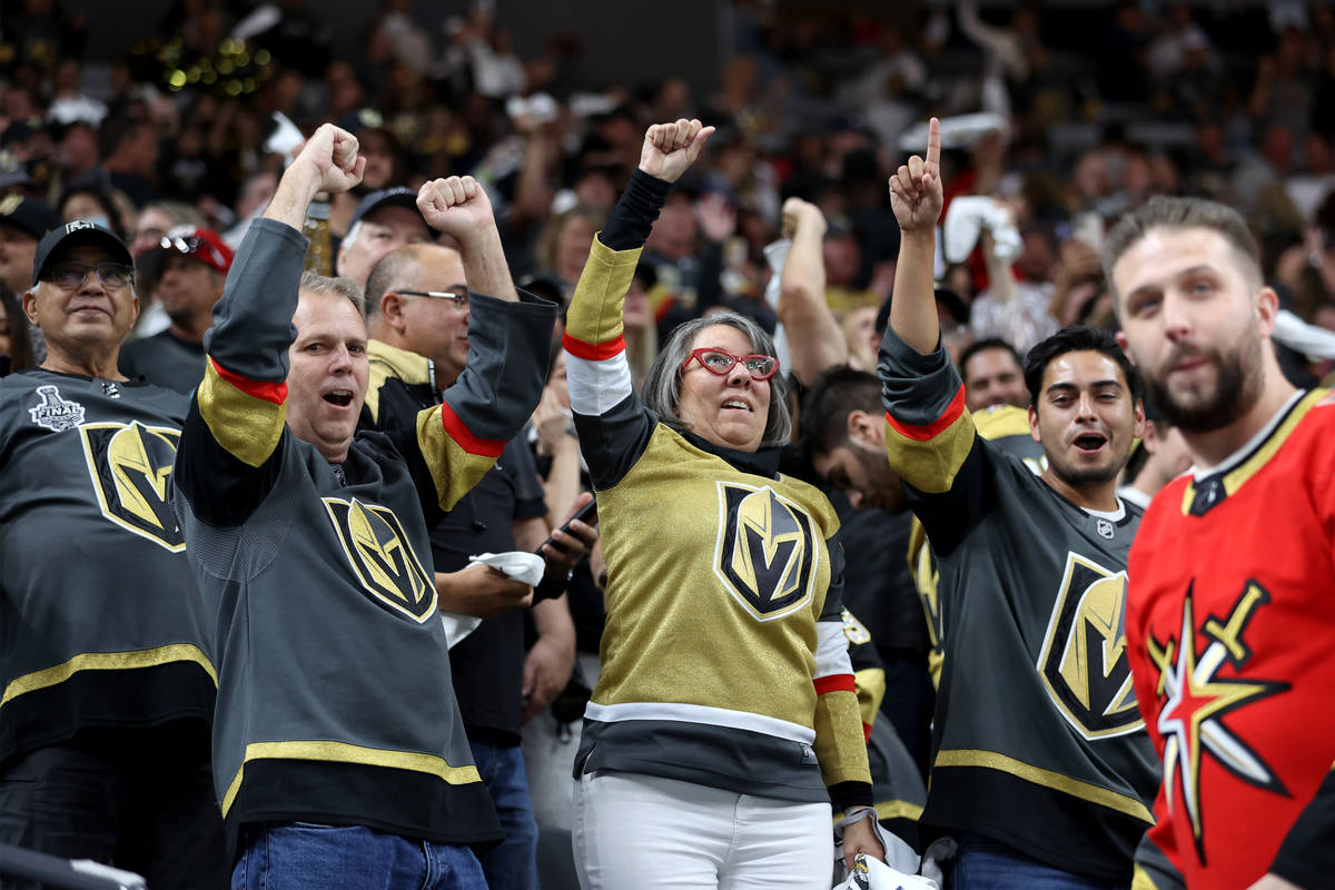 Fans celebrates the Vegas Golden Knights win 3-2 against the Colorado Avalanche in Game 3 of a ...