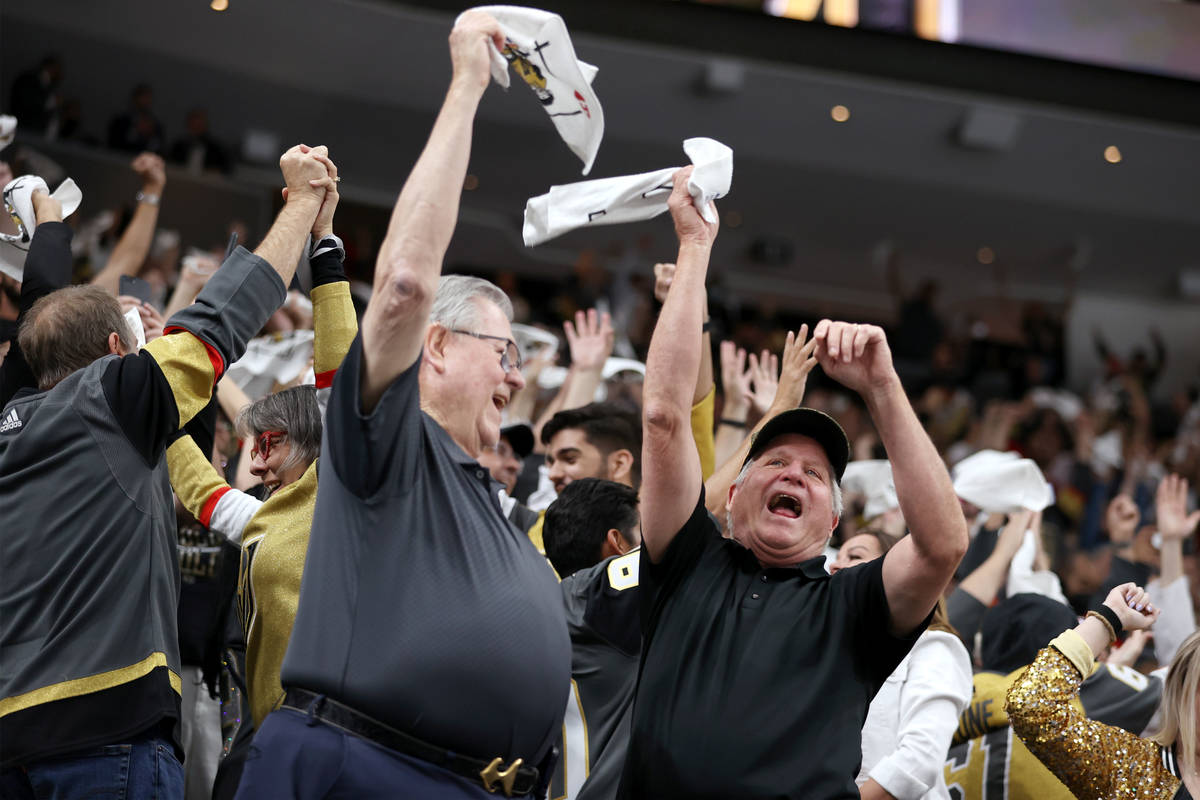 Fans celebrates the Vegas Golden Knights win 3-2 against the Colorado Avalanche in Game 3 of a ...