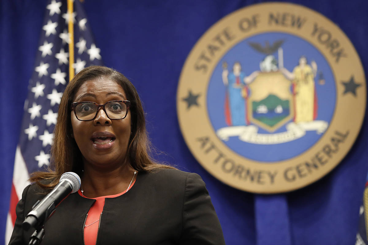 FILE - In this Thursday, Aug. 6, 2020, file photo, New York State Attorney General Letitia Jame ...
