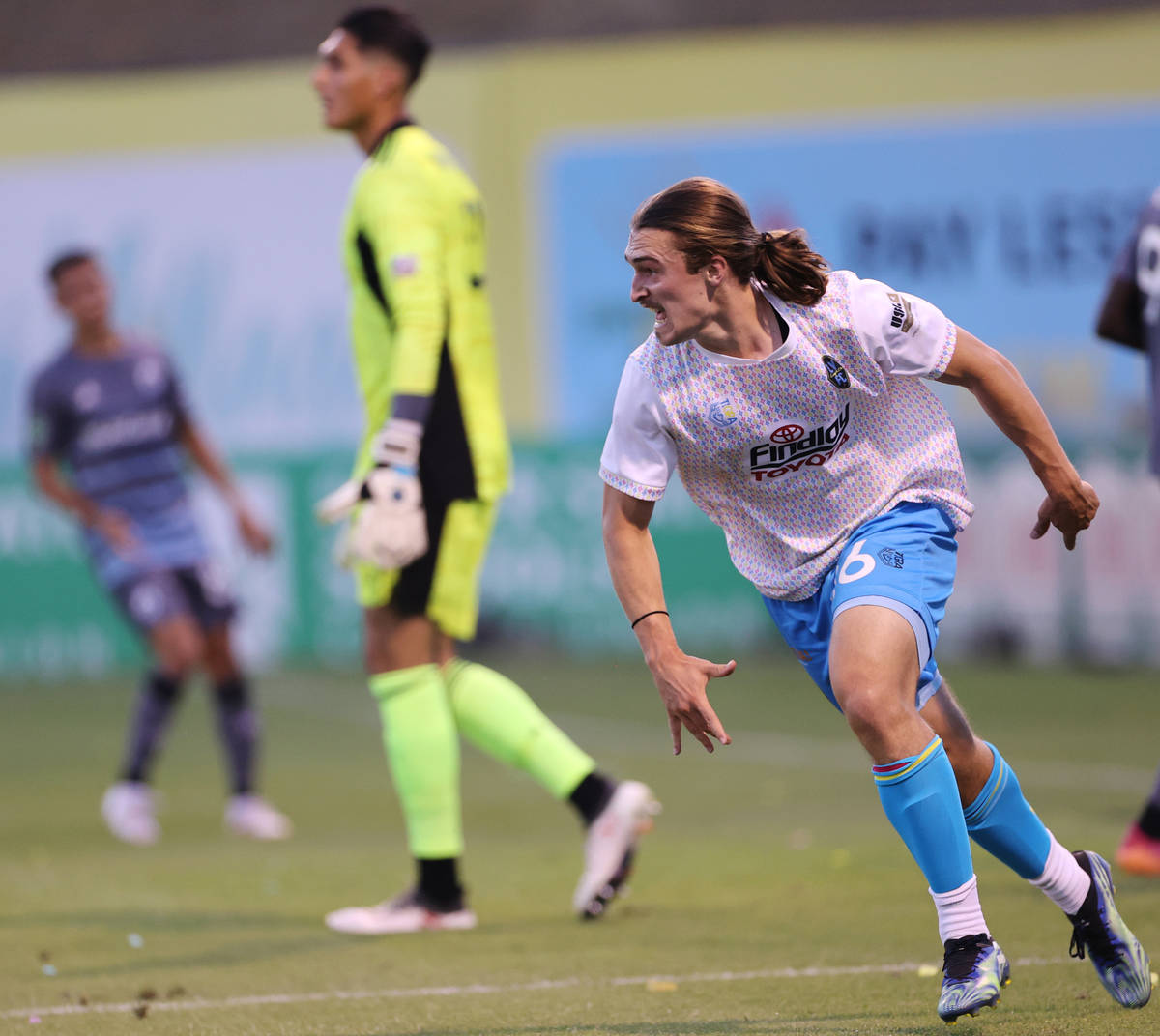 Las Vegas Lights Cal Jennings (26) reacts after scoring against the Tacoma Defiance in the firs ...
