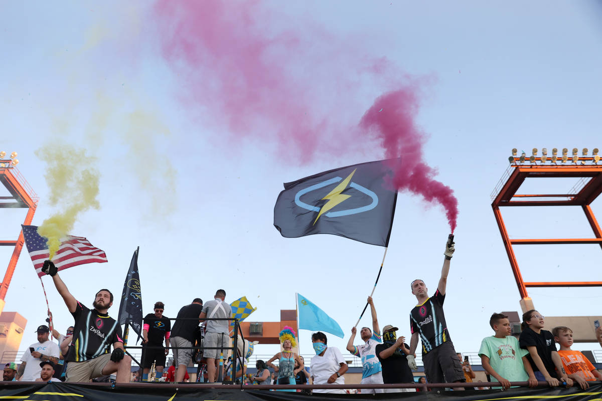 Fans get ready for the start of a USL Championship soccer game between the Las Vegas Lights and ...
