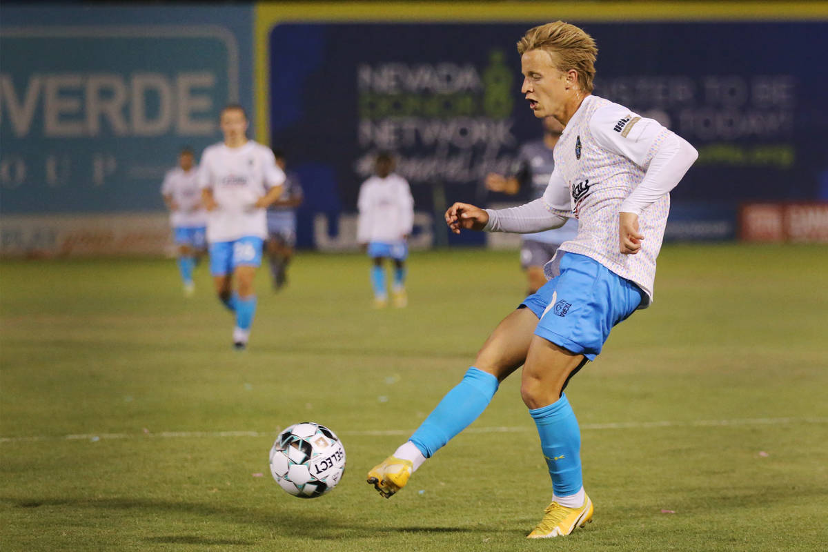 Las Vegas Lights Bryce Duke (19) takes a shot for a score in the second half of a USL Champions ...