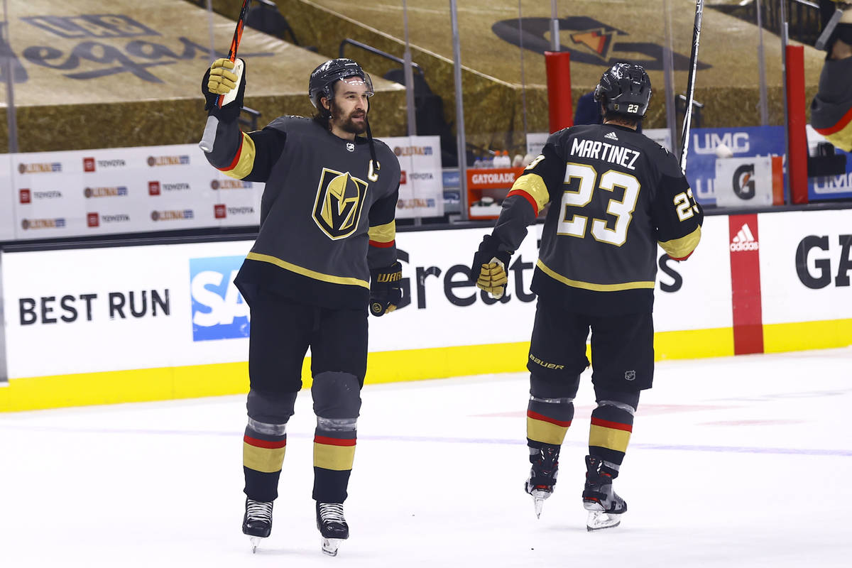 Golden Knights' Mark Stone celebrates after defeating Colorado Avalanche in Game 4 of an NHL ho ...