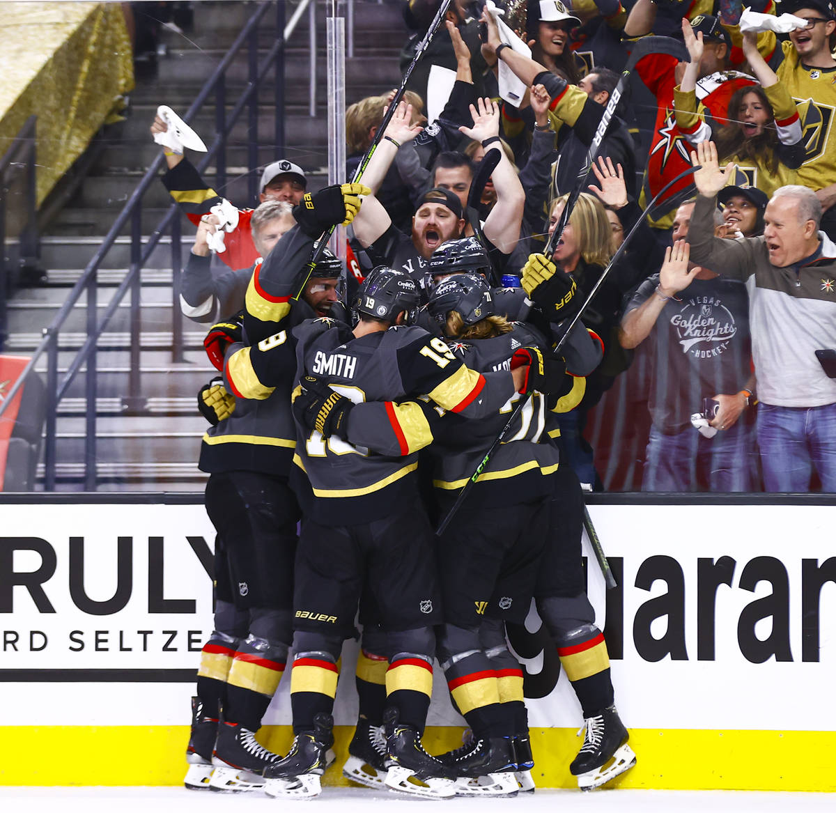 The Golden Knights celebrate goal by Jonathan Marchessault during the second period of Game 4 o ...