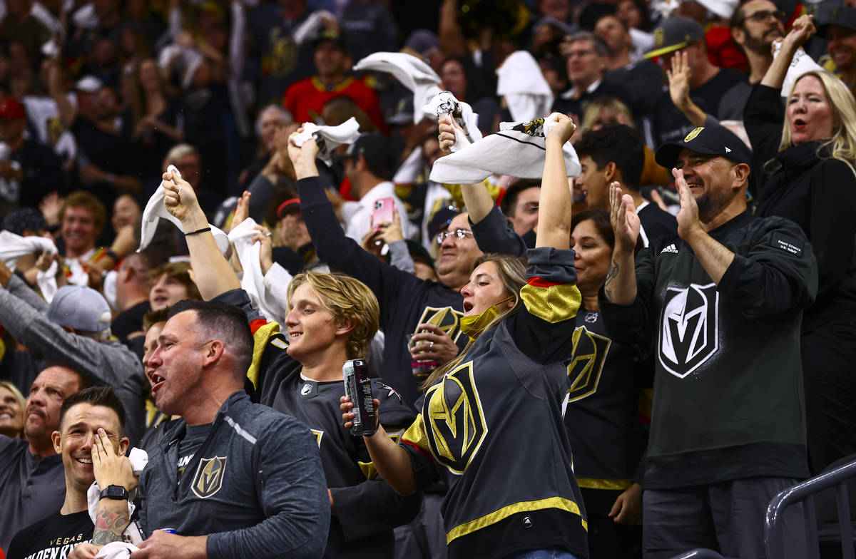 Golden Knights fans celebrate goal by Jonathan Marchessault, not pictured, during the second pe ...