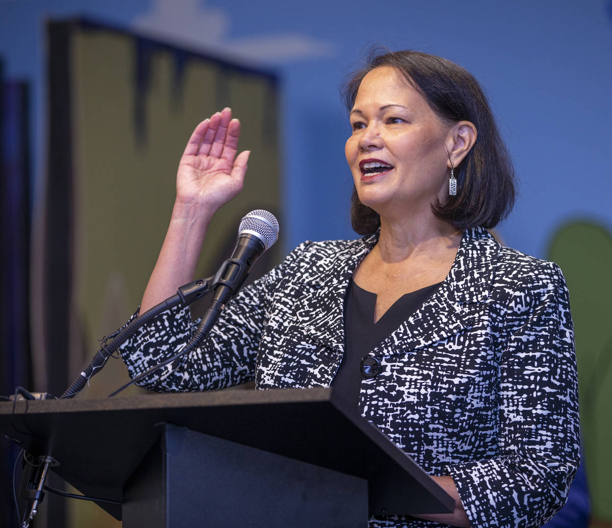 State Superintendent of Public Instruction Jhone Ebert speaks during a ceremony for four bill s ...